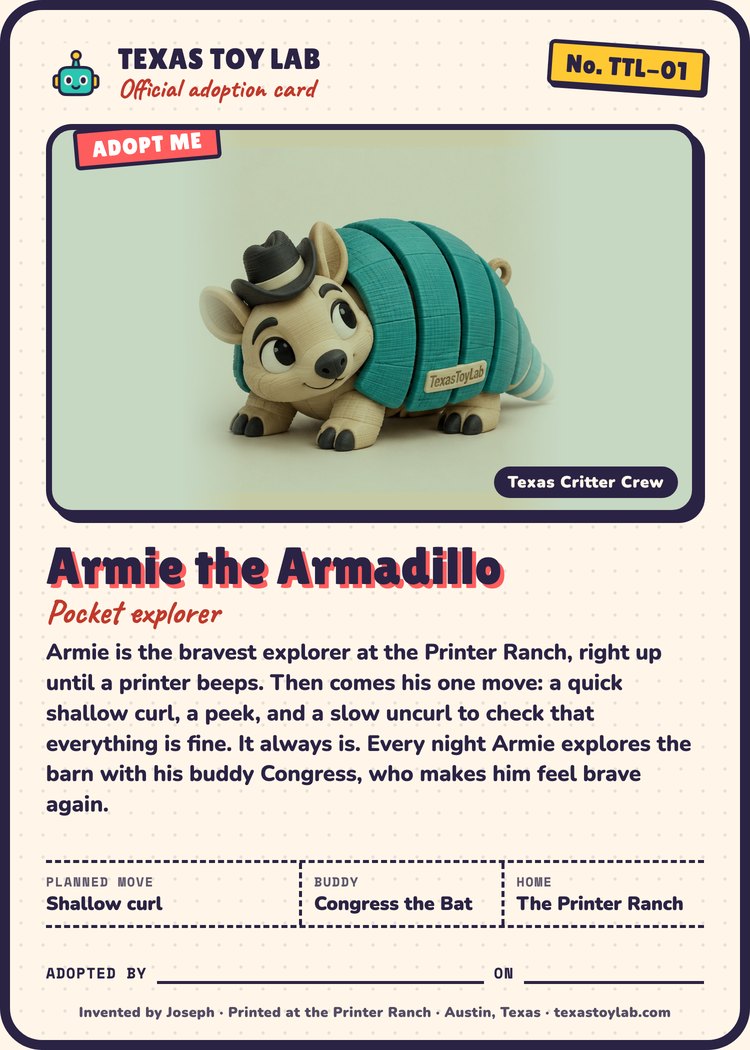 Armie the Armadillo adoption card: story, planned move, buddy and home in Crew Country