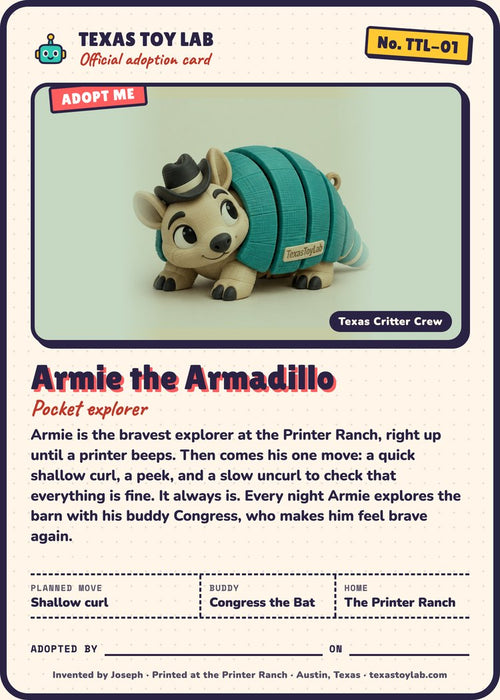 Armie the Armadillo adoption card: story, planned move, buddy and home in Crew Country