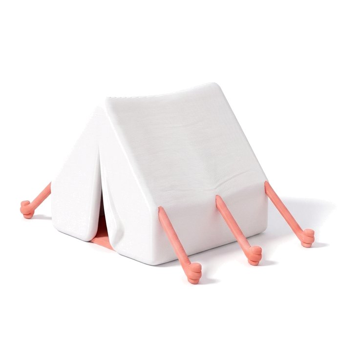 The trail tent: a white camping tent with coral pegs