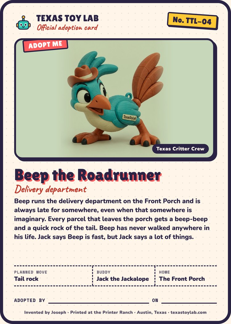Beep the Roadrunner adoption card: story, planned move, buddy and home in Crew Country