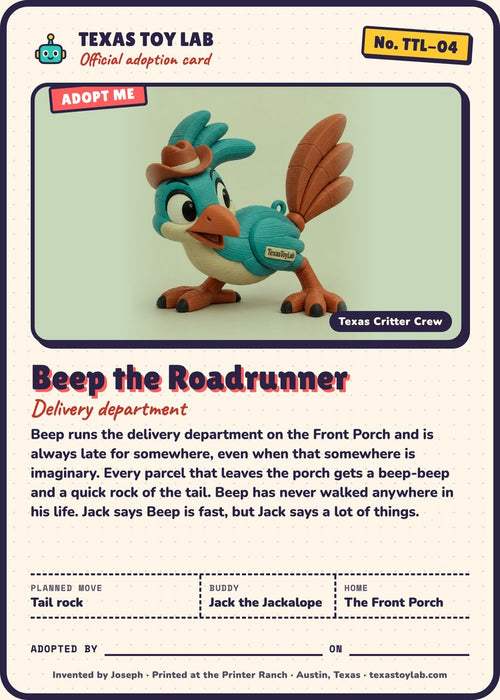 Beep the Roadrunner adoption card: story, planned move, buddy and home in Crew Country