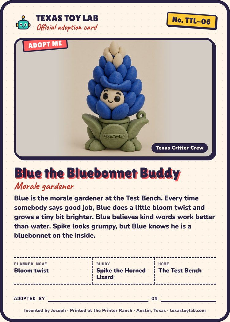 Blue the Bluebonnet Buddy adoption card: story, planned move, buddy and home in Crew Country
