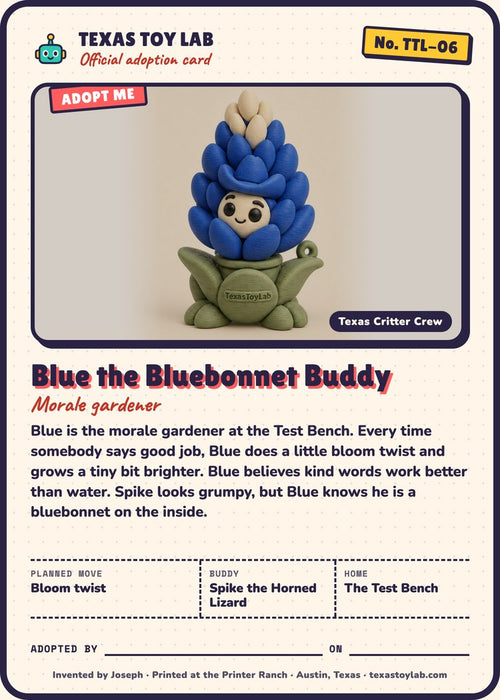 Blue the Bluebonnet Buddy adoption card: story, planned move, buddy and home in Crew Country