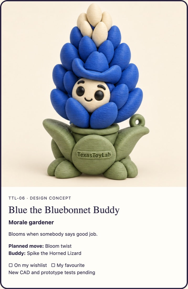 Blue the Bluebonnet Buddy collector card, one of the six crew minis you can find in a bag