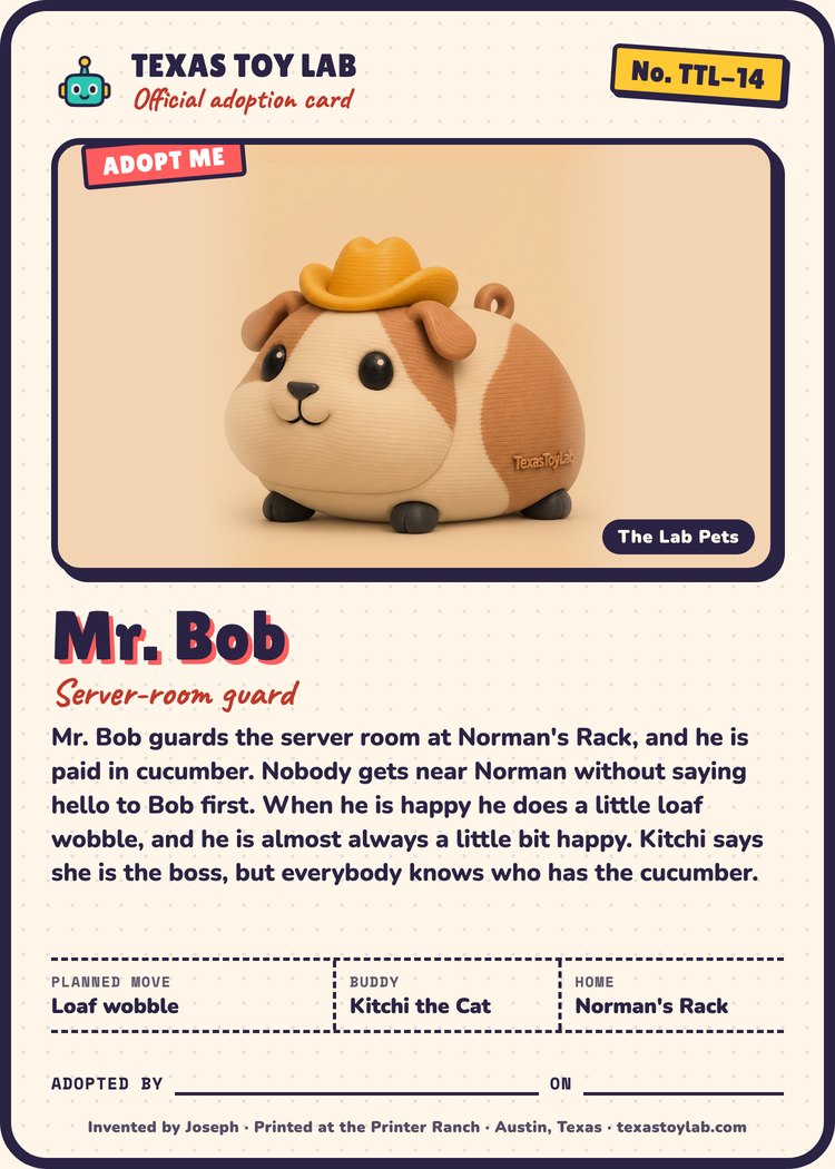 Mr. Bob adoption card: story, planned move, buddy and home in Crew Country
