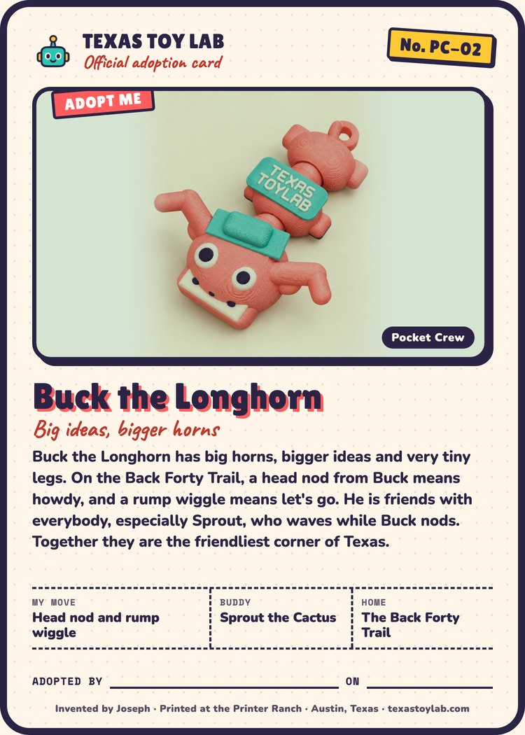 Buck the Longhorn adoption card: story, move, buddy and home in Crew Country