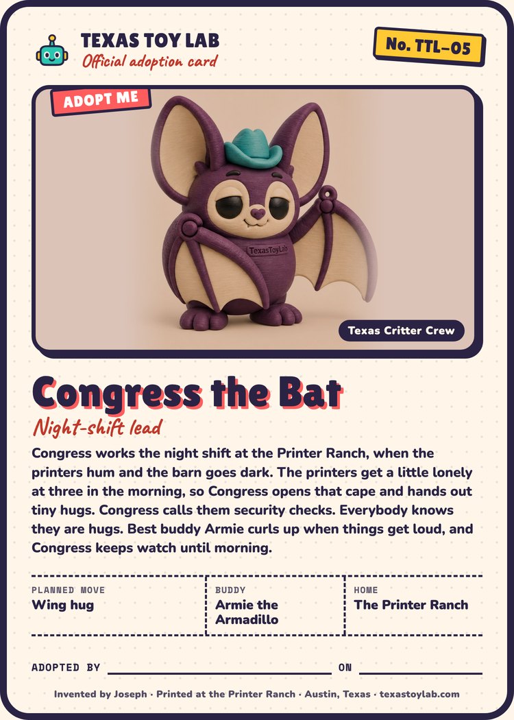 Congress the Bat adoption card: story, planned move, buddy and home in Crew Country