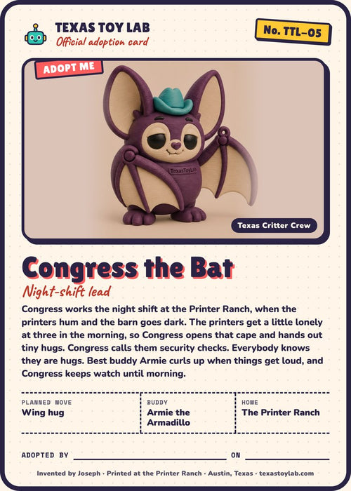 Congress the Bat adoption card: story, planned move, buddy and home in Crew Country
