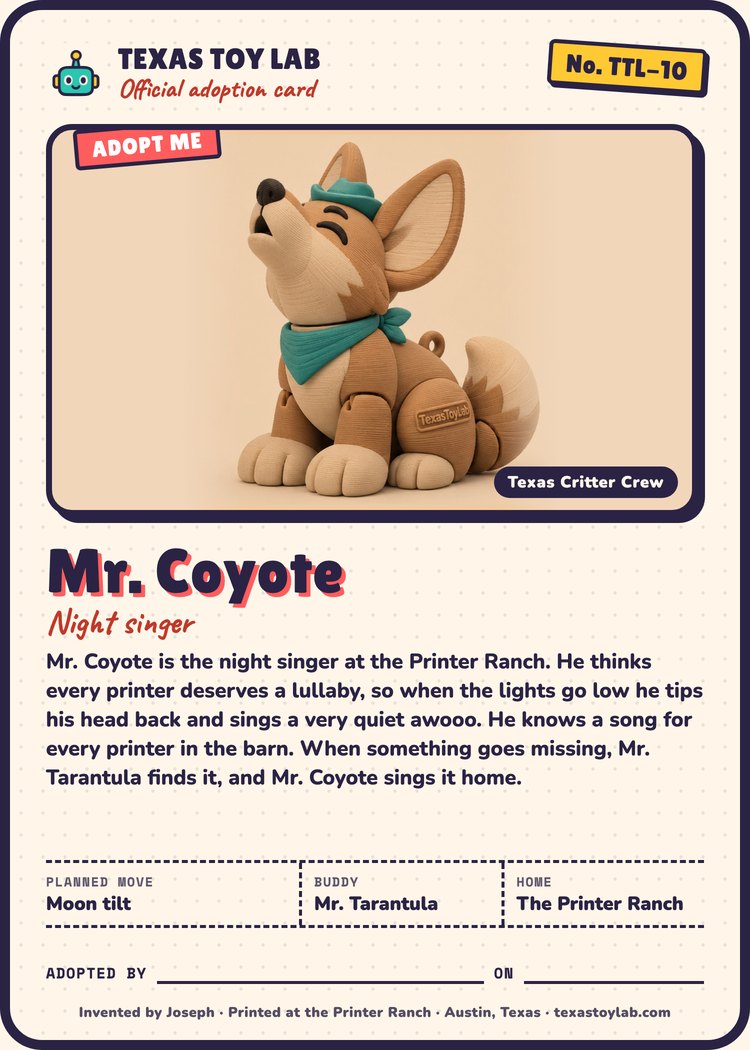 Mr. Coyote adoption card: story, planned move, buddy and home in Crew Country