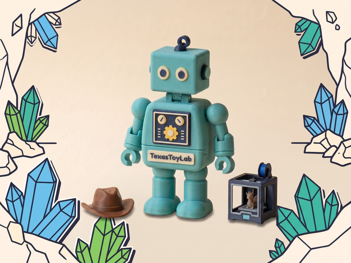 Tex's Accessory Pack: cowboy hat and mini 3D printer beside Tex, chunky edition, crystal-border listing style