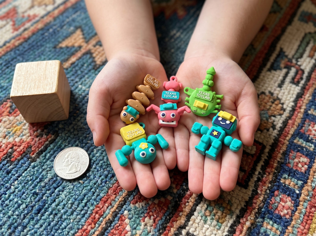 All five Pocket Crew toys in a child's cupped hands with a quarter for scale