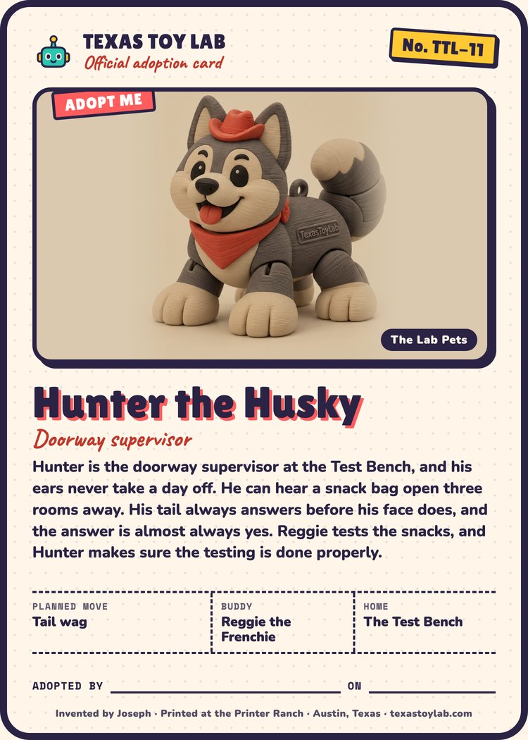 Hunter the Husky adoption card: story, planned move, buddy and home in Crew Country