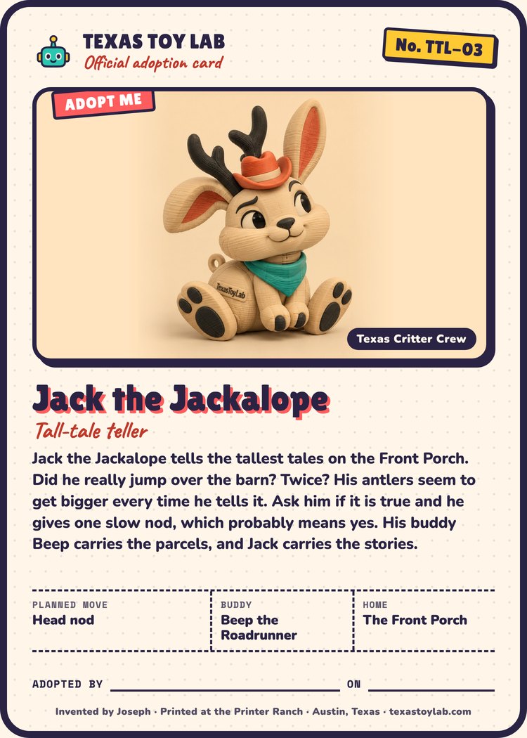 Jack the Jackalope adoption card: story, planned move, buddy and home in Crew Country