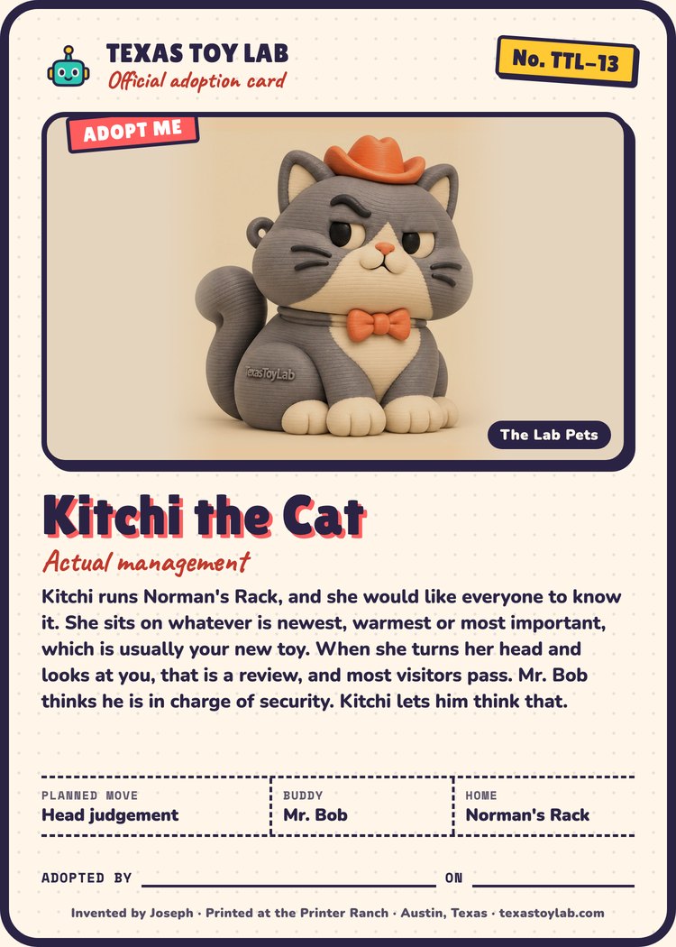 Kitchi the Cat adoption card: story, planned move, buddy and home in Crew Country