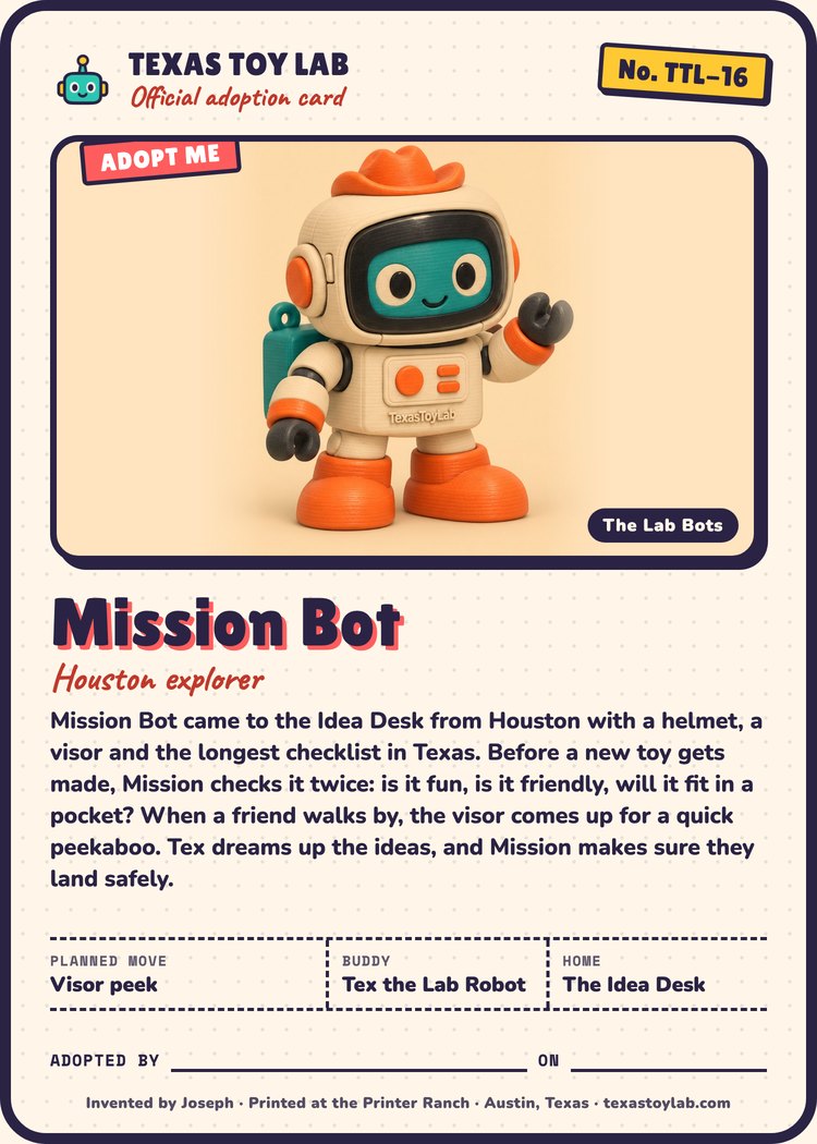 Mission Bot adoption card: story, planned move, buddy and home in Crew Country