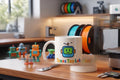 Always Printing Mug on the Lab workbench with toy robots and a 3D printer