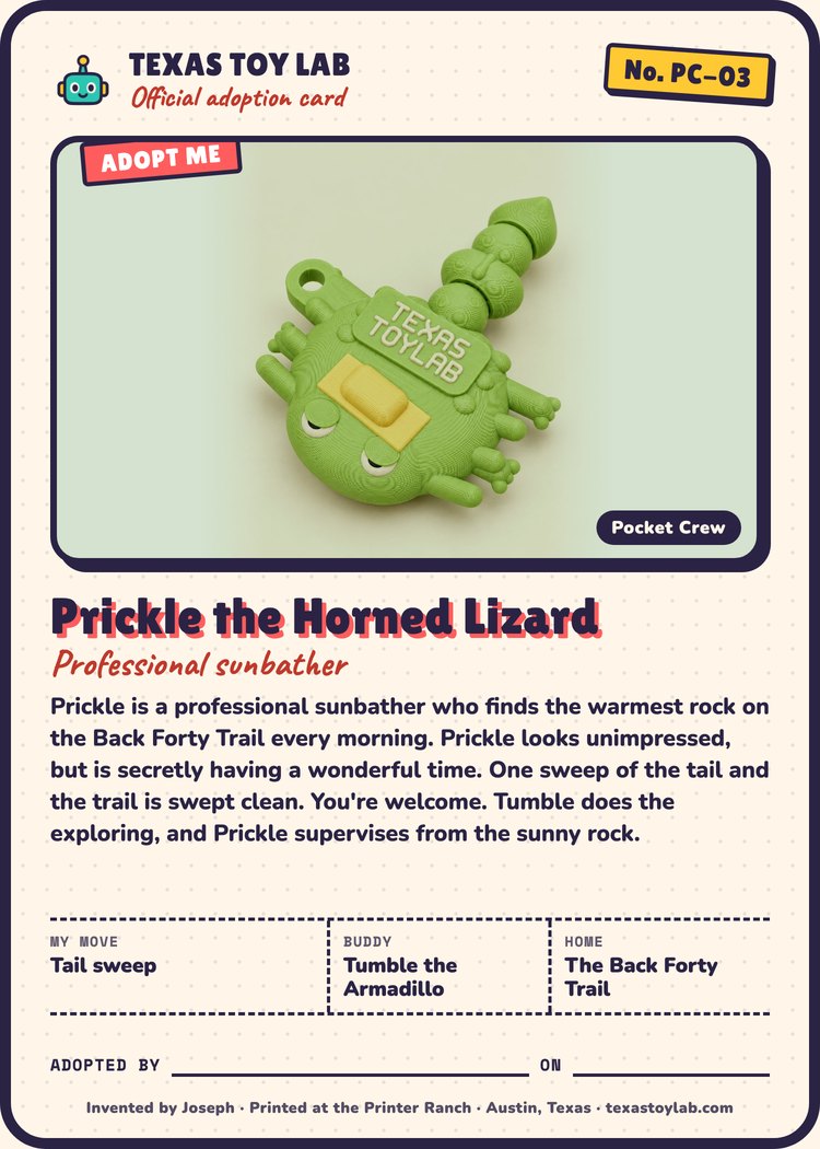 Prickle the Horned Lizard adoption card: story, move, buddy and home in Crew Country