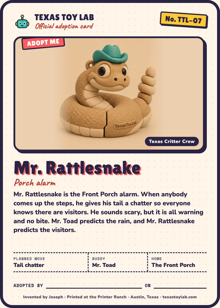 Mr. Rattlesnake adoption card: story, planned move, buddy and home in Crew Country