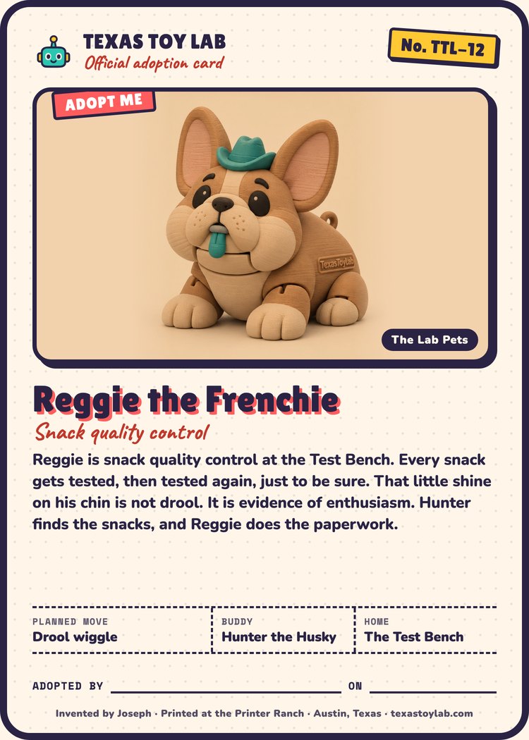 Reggie the Frenchie adoption card: story, planned move, buddy and home in Crew Country