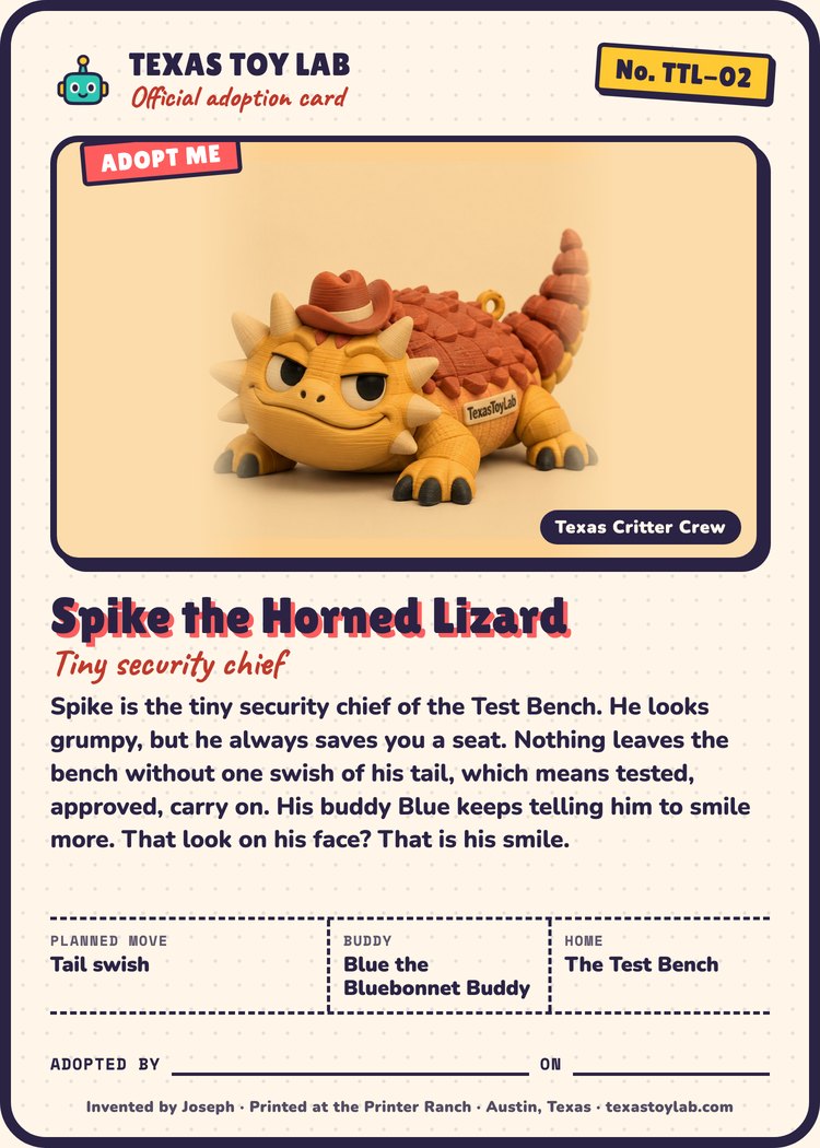 Spike the Horned Lizard adoption card: story, planned move, buddy and home in Crew Country