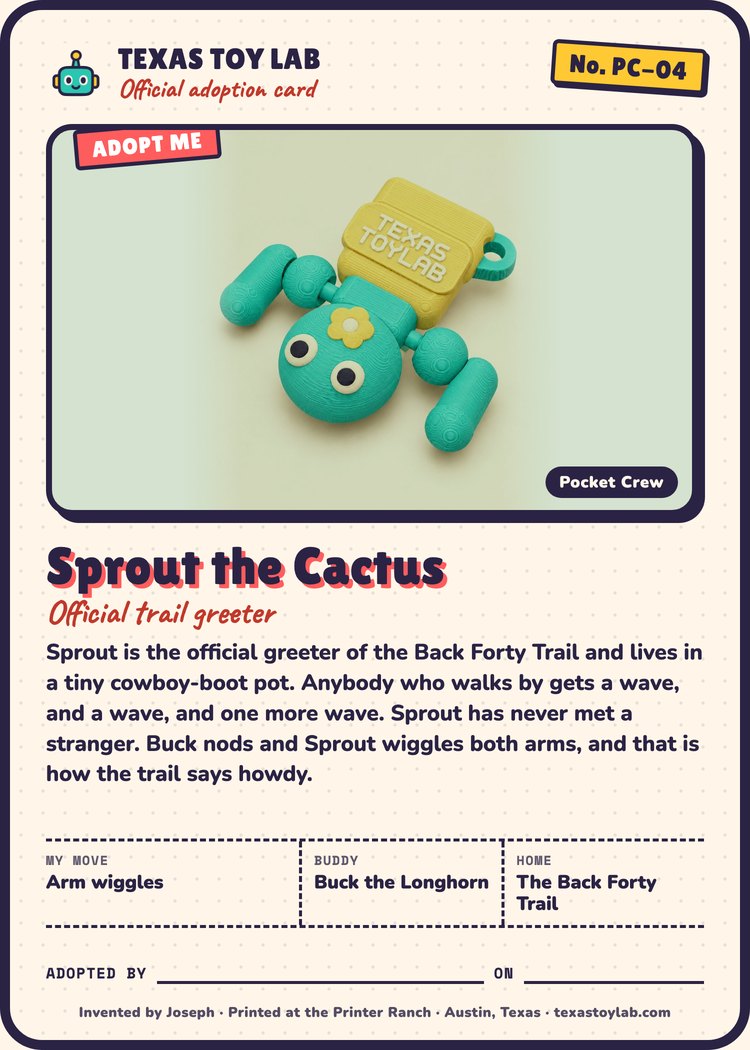 Sprout the Cactus adoption card: story, move, buddy and home in Crew Country