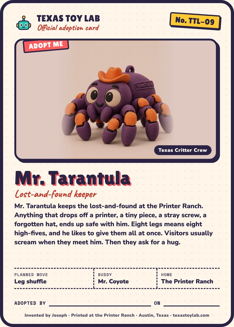 Mr. Tarantula adoption card: story, planned move, buddy and home in Crew Country