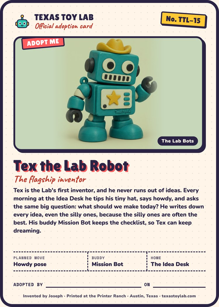 Tex the Lab Robot adoption card: story, planned move, buddy and home in Crew Country