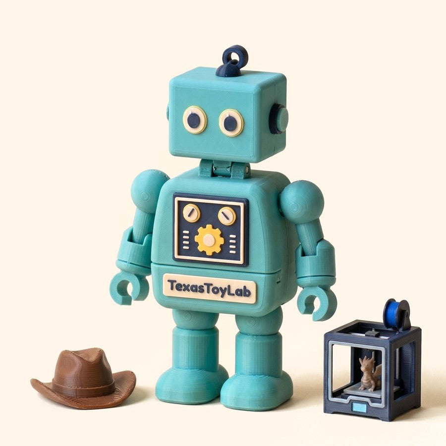 Tex with his cowboy hat and mini 3D printer accessories, chunky edition
