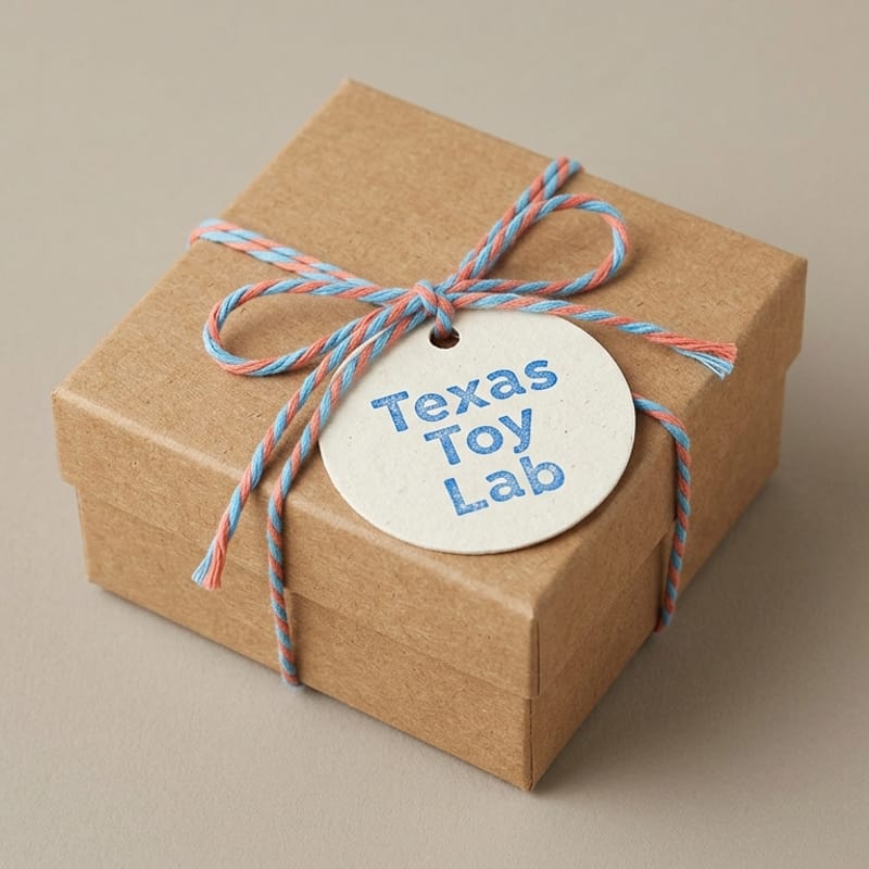 Texas Toy Lab gift card, shown as a wrapped gift box (delivered by email, not a physical box)