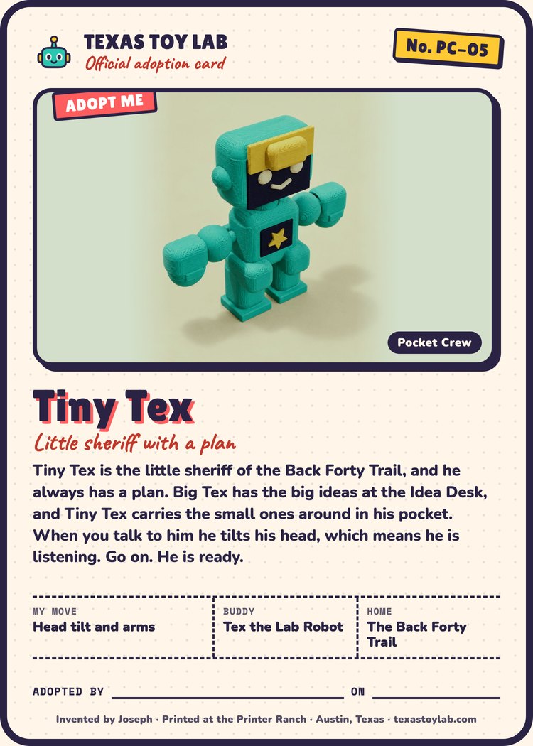 Tiny Tex adoption card: story, move, buddy and home in Crew Country