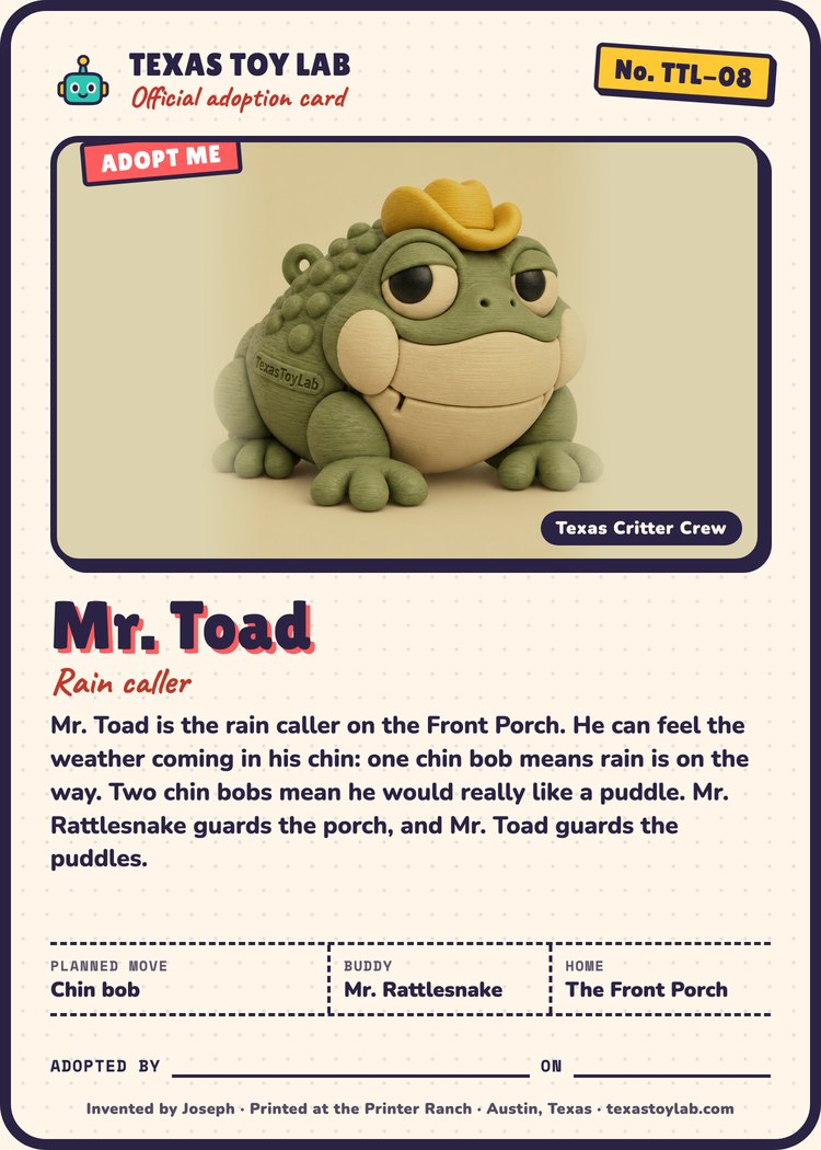 Mr. Toad adoption card: story, planned move, buddy and home in Crew Country