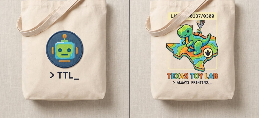 Lab Robot Tote front and back: robot patch and dino-on-Texas print design