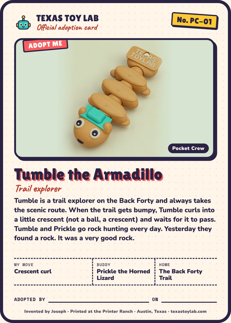 Tumble the Armadillo adoption card: story, move, buddy and home in Crew Country